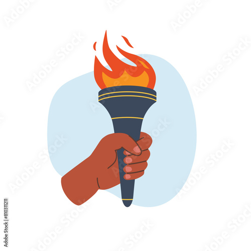 Burning torch flame in hand. Hand holding fire torch. The Olympic Flame.  Symbol of competition victory, relay race, champion, winner. Vector isolated illustration © mejorana777