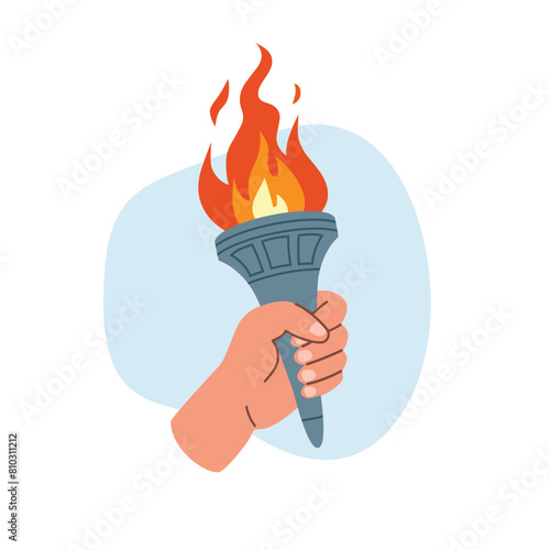 Burning torch flame in hand. Hand holding fire torch. The Olympic Flame.  Symbol of competition victory, relay race, champion, winner. Vector isolated illustration