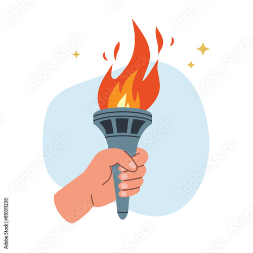 Burning torch flame in hand. Hand holding fire torch. The Olympic Flame.  Symbol of competition victory, relay race, champion, winner. Vector isolated illustration