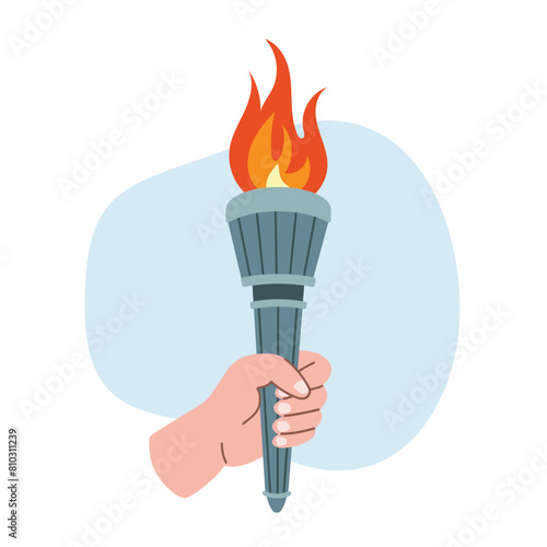 Burning torch flame in hand. Hand holding fire torch. The Olympic Flame. Symbol of competition victory, relay race, champion, winner. Vector isolated illustration