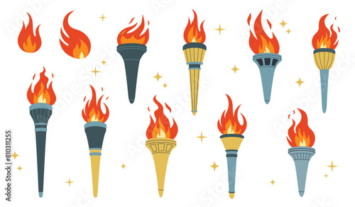 Set of burning torches. The Olympic Flame. A symbol of sports competitions, a sign of victory, winner, champion. Vector flat illustration