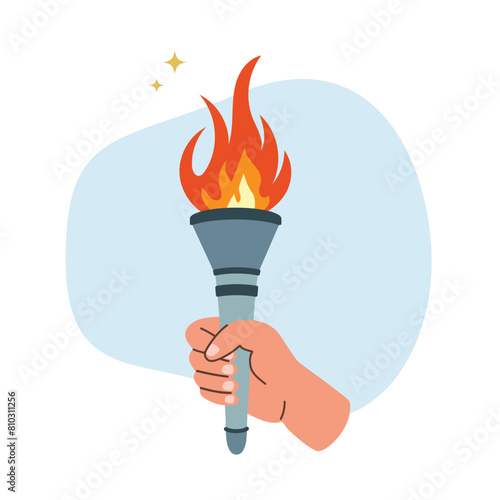 Burning torch flame in hand. Hand holding fire torch. The Olympic Flame.  Symbol of competition victory, relay race, champion, winner. Vector isolated illustration