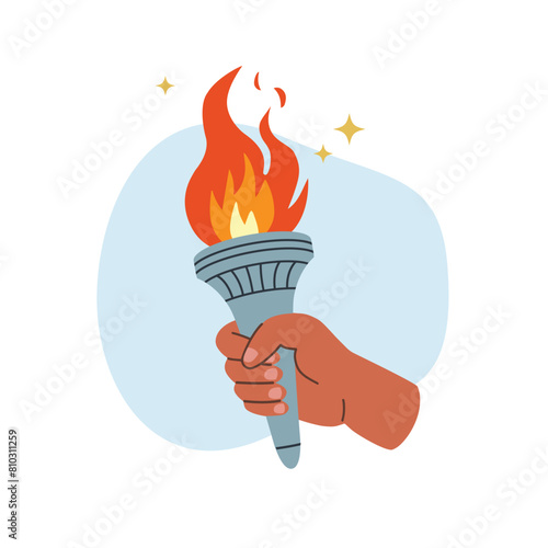 Burning torch flame in hand. Hand holding fire torch. The Olympic Flame.  Symbol of competition victory, relay race, champion, winner. Vector isolated illustration