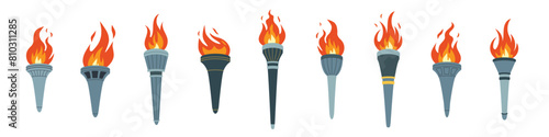 Set of burning torches. The Olympic Flame. A symbol of sports competitions, a sign of victory, winner, champion. Vector flat illustration
