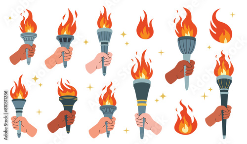 Set of burning torches flames in hands. Hands holding fire torches. The Olympic Flame.  Symbols of competition victory, relay race, champion, winner. Vector isolated illustration