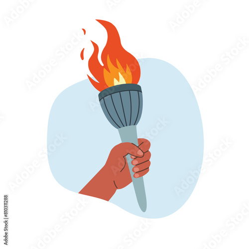 Burning torch flame in hand. Hand holding fire torch. The Olympic Flame.  Symbol of competition victory, relay race, champion, winner. Vector isolated illustration