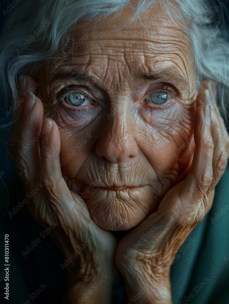 A close up of an elderly person putting their hands up to their face. A close up of an elderly person putting their hands up to their face.