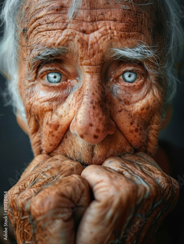A close up of an elderly person putting their hands up to their face. 