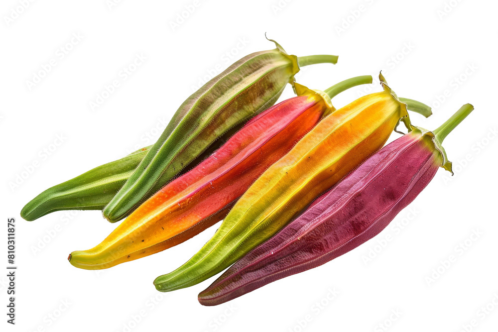 A variety of okra, including green, yellow, red, and purple okra. Okra is a flowering plant in the mallow family. Its edible green seed pods are used in many cuisines. A variety of okra, including green, yellow, red, and purple okra. Okra is a flowering plant in the mallow family. Its edible green seed pods are used in many cuisines.