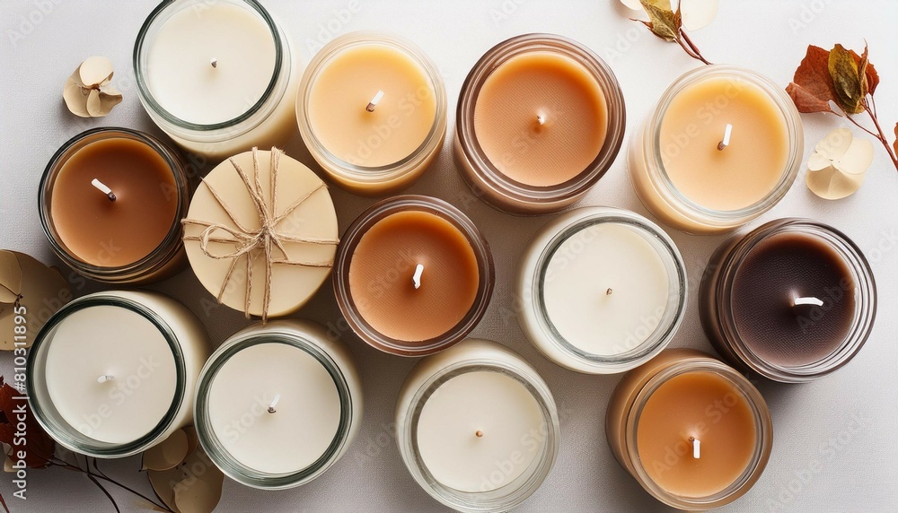 Top view of various candles with blank labels in a clean and minimal setting, perfect for showcasing designs Top view of various candles with blank labels in a clean and minimal setting, perfect for showcasing designs