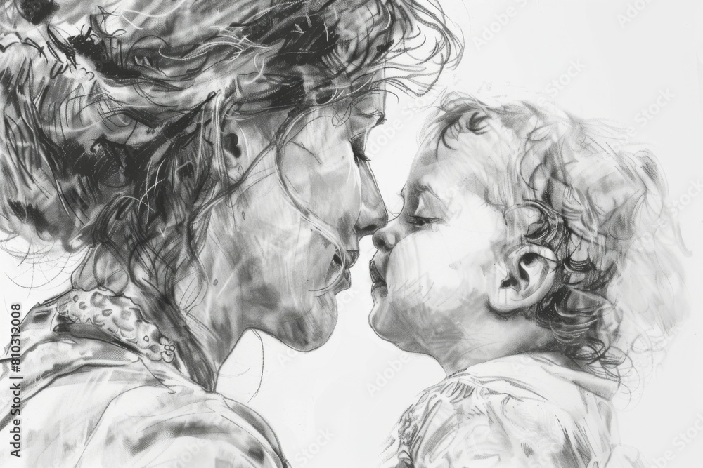 Fototapeta premium Mother and child in a tender black and white sketch