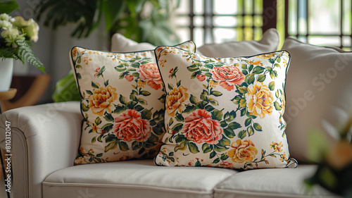Vintage cotton cushion cover in floral pattern living concept.