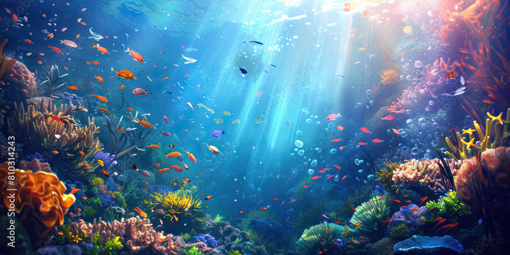 Naklejka premium Underwater World: Abstract Underwater Scene with Marine Life and Coral, Ideal for Aquatic or Nautical Plays