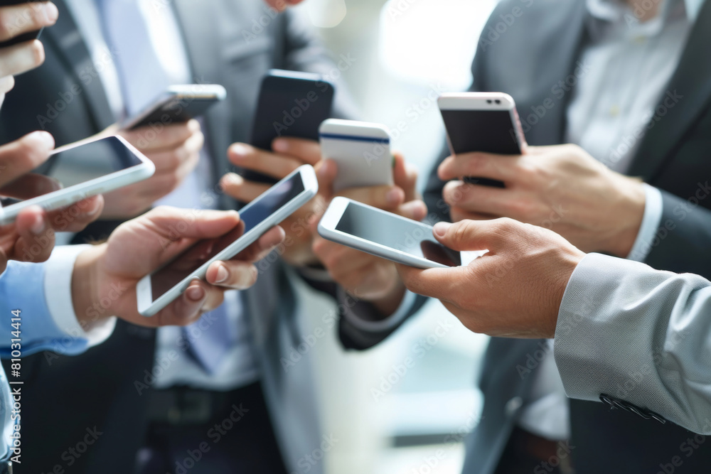 Group, people and hands with mobile in closeup for work, technology or networking team. Phone, digital and businessman with app for social media or email, internet for career as lawyer or attorney