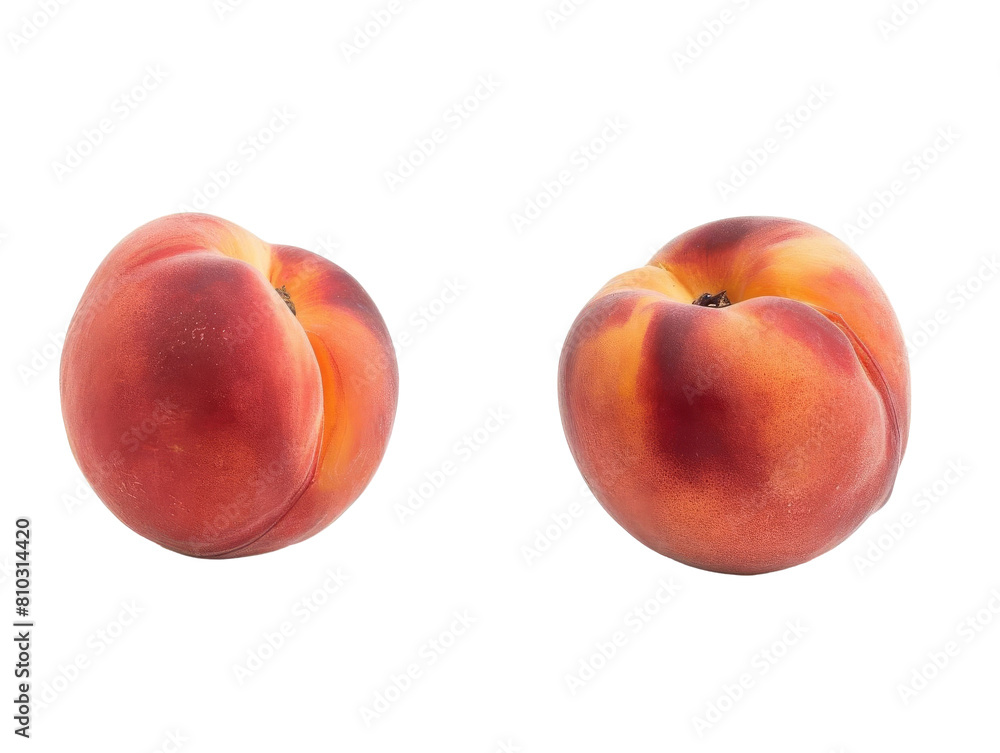 Two peaches on a white background. The peaches are ripe and juicy, with a sweet, fragrant aroma. They are perfect for eating fresh, or for use in baking and cooking.