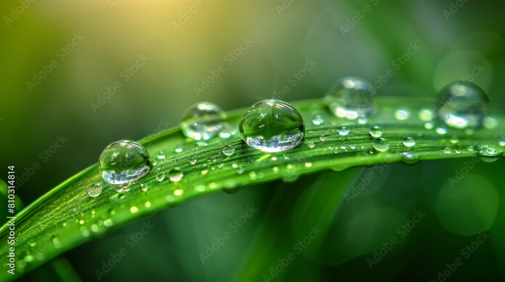 A closeup of water droplets on the edge of a green leaf, with the focus centered around one large and three smaller droplets. A closeup of water droplets on the edge of a green leaf, with the focus centered around one large and three smaller droplets.