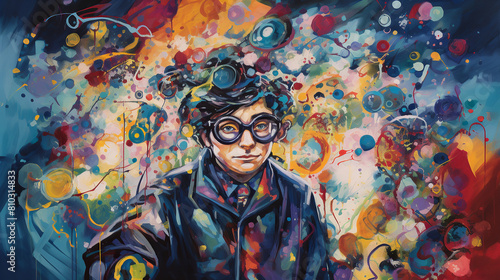 A portrait of a quirky inventor, painted by a dadaist abstract artist. The subject wears mismatched goggles and a lab coat adorned with eccentric gadgets. Their face is obscured by swirling patterns,  photo