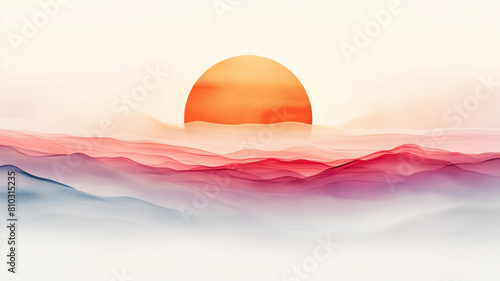 Minimalist sunrise over soft, pastel-colored abstract waves.