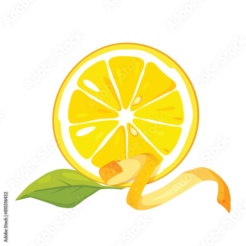 Fresh lemon slice with leaf and lemon zest isolated on white background.
