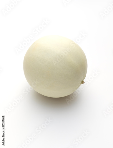 Isolated Organic Honeydew Melon On White Background, Cucumis Melo Inodorus Group. Ripe Nutritious Summer Juicy Fruit. Vertical Plane. Harvesting.