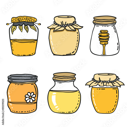 Bright honey jars set handdrawn doodle style different lids decorations. Organic natural honey variety collection glass containers fabric tops. Sweet food preserve vector illustration isolated white