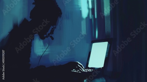 Enigmatic Figure Typing Anonymously on Laptop AI Generated. photo