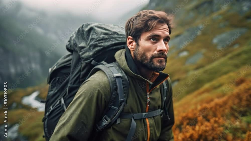 An experienced hiker, navigating a rugged trail with determination An experienced hiker, navigating a rugged trail with determination