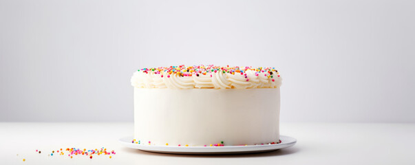 Simple vanilla white cake on a solid white background with empty space and some sprinkles