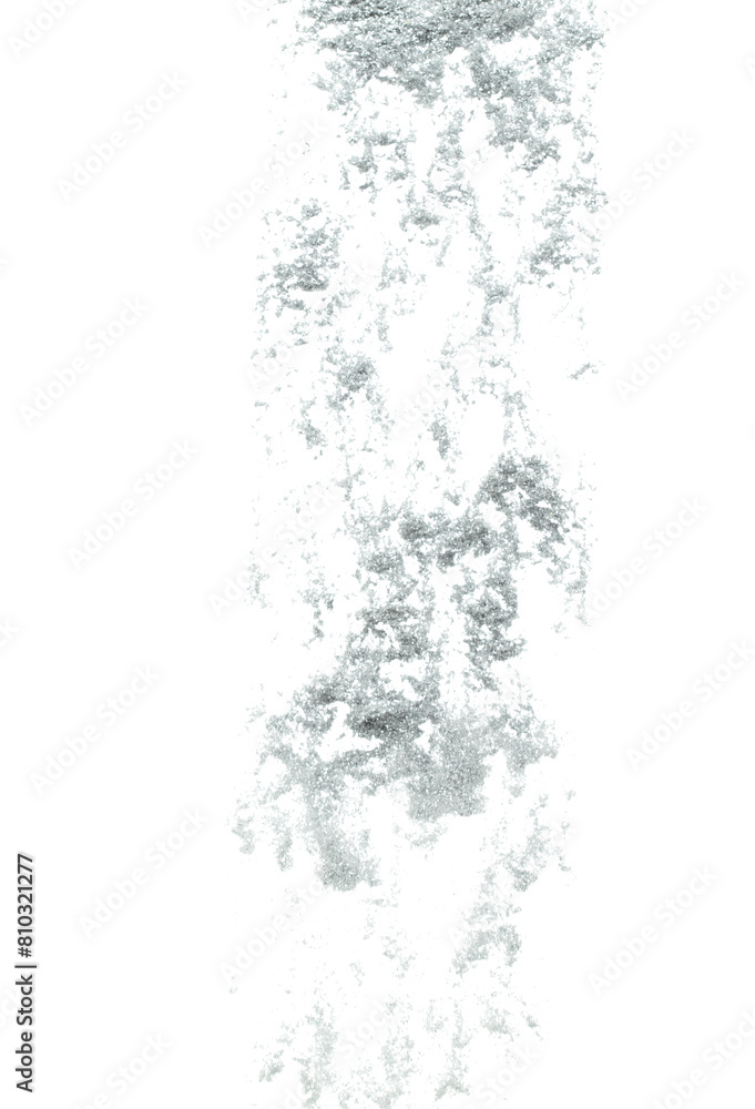 Fototapeta premium Silver metallic glitter sparkle explosion in air. Silver Glitter sand spark blink celebrate Chinese new year, fly throw silver glitters particle. White background isolated, selective focus Blur bokeh