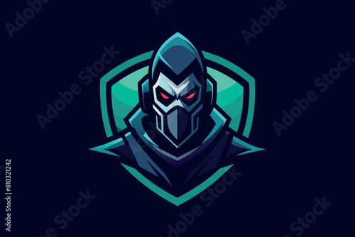 A stylized knight avatar with glowing red eyes and a modern crest