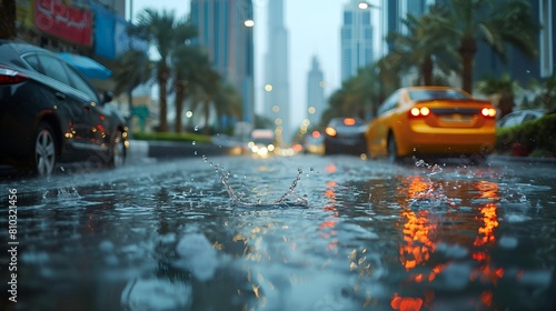 View Of The City Flooded Streets During Rain, City Street in the Rain, A Beautiful View of Rain, Traffic and Flood, Vibrant Street View © PhotoMaster