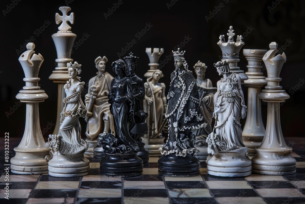 Ornate Black and White Chess Pieces Positioned for Strategic Play on Marble Board Ornate Black and White Chess Pieces Positioned for Strategic Play on Marble Board