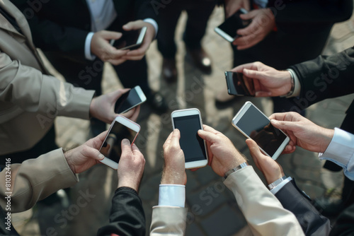 Businesspeople, hands and communication with smartphone or top, screen and networking on internet. Connection, social employee and outside for teamwork and texting or sync online, company and contact