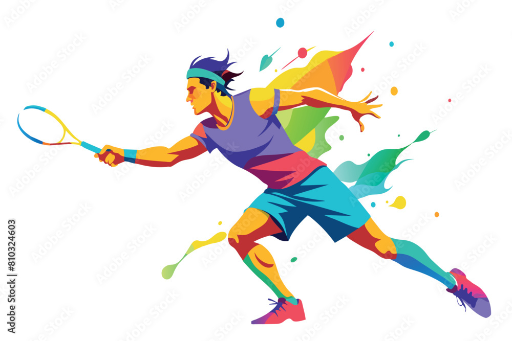 Athlete in motion, swinging a tennis racket with vibrant abstract effects Athlete in motion, swinging a tennis racket with vibrant abstract effects