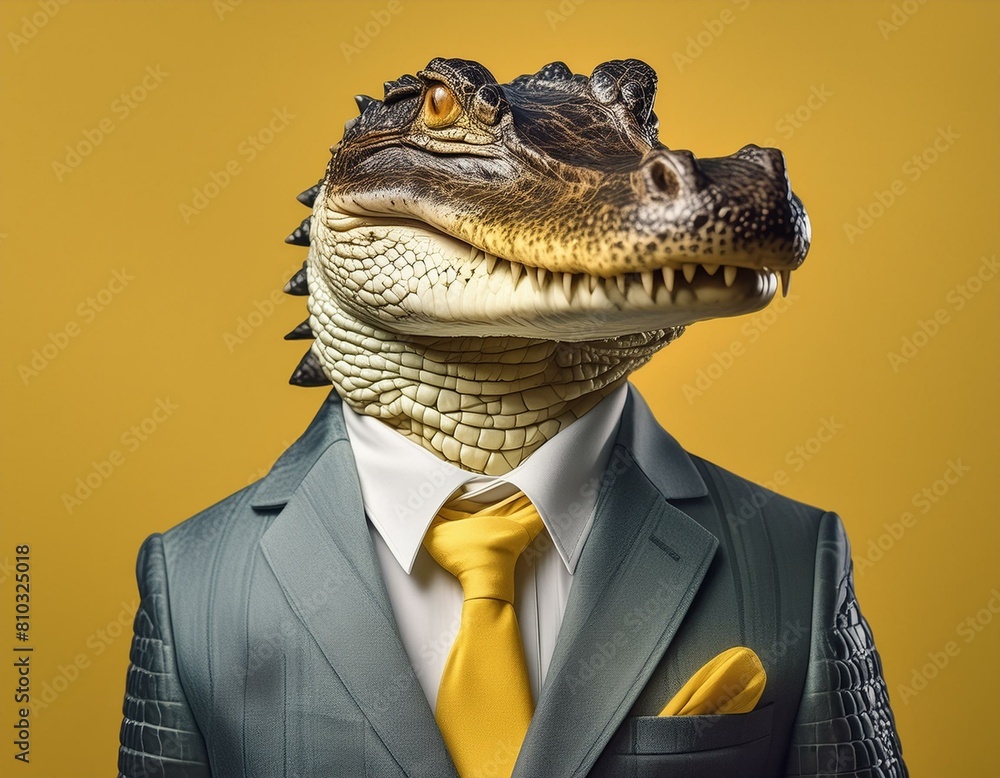 Stylish crocodile in a business suit on a yellow background Stylish crocodile in a business suit on a yellow background