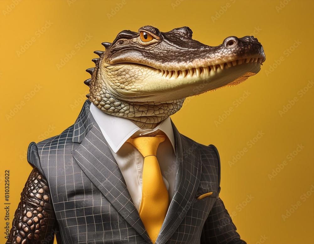 Stylish crocodile in a business suit on a yellow background Stylish crocodile in a business suit on a yellow background