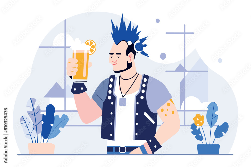 A man with a mohawk hairstyle holding a beer bottle in his hand A man with a mohawk hairstyle holding a beer bottle in his hand