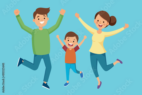A happy family, with parents and child, jumping joyously together