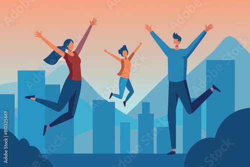 Several individuals actively jumping with joy and excitement in mid-air