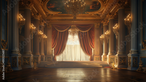The magnificent ballroom is bathed in a golden glow  the red curtains framing the stage.