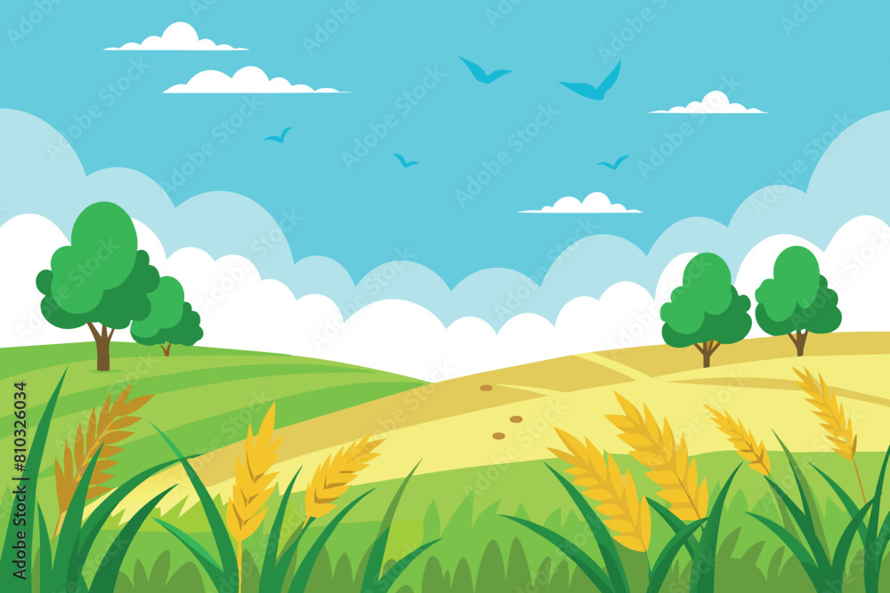 Obraz premium Green field with various trees and birds flying in the sky on a sunny day
