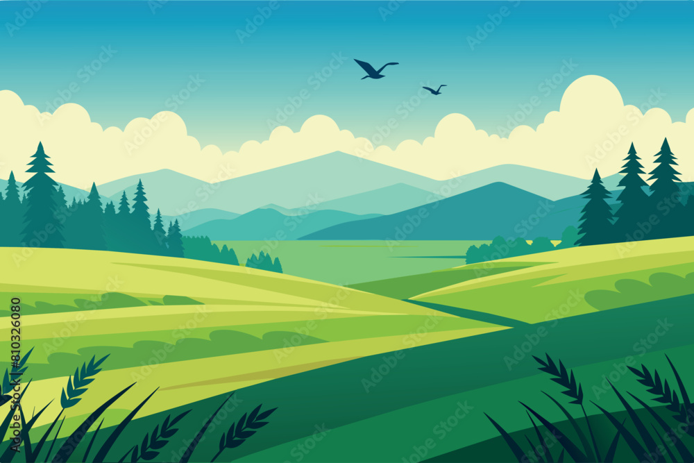 Rolling green hills with mountains, birds in flight, and vibrant blue sky Rolling green hills with mountains, birds in flight, and vibrant blue sky