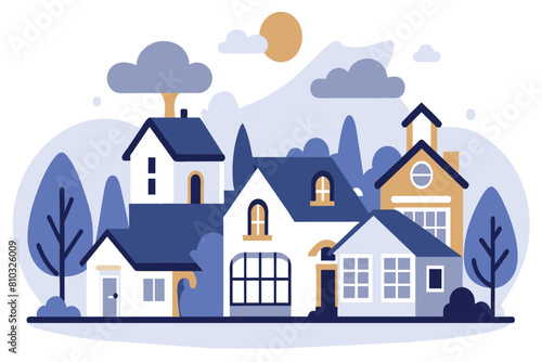 Cartoon of suburban houses surrounded by stylized trees and a soft sunset