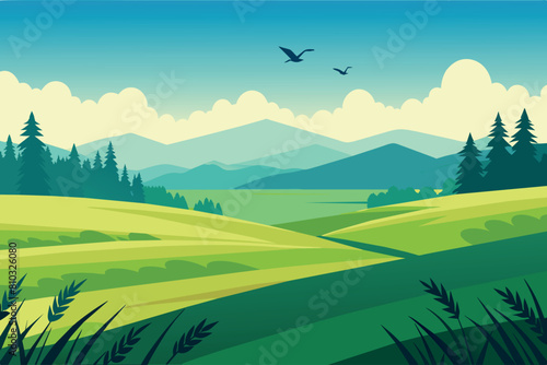 Rolling green hills with mountains  birds in flight  and vibrant blue sky