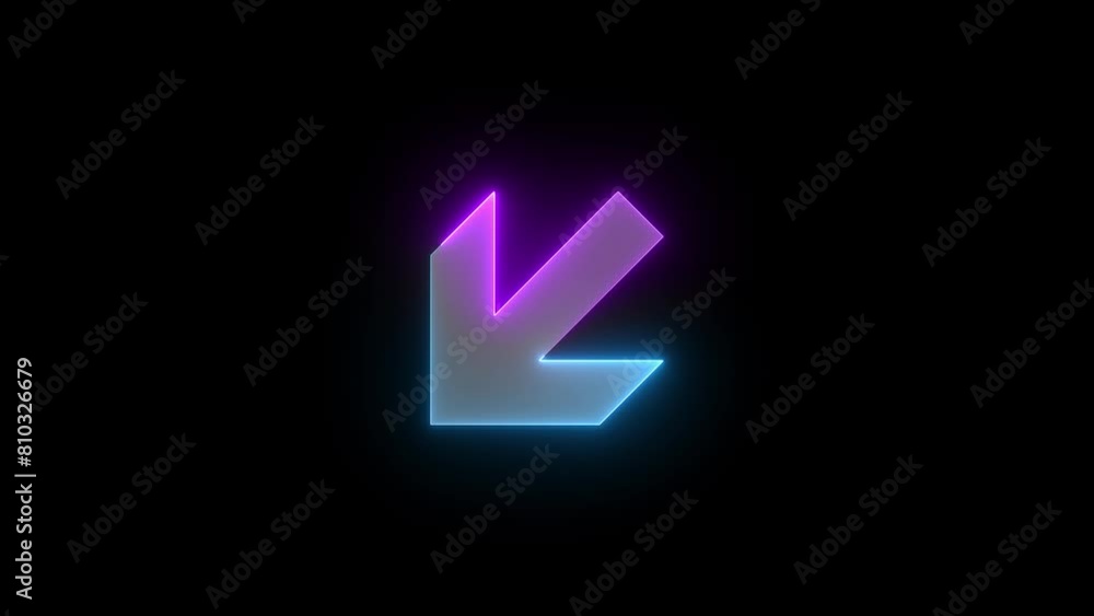 Neon down left direction arrow icon cyan purple color glowing animated black background Neon down left direction arrow icon cyan purple color glowing animated black background