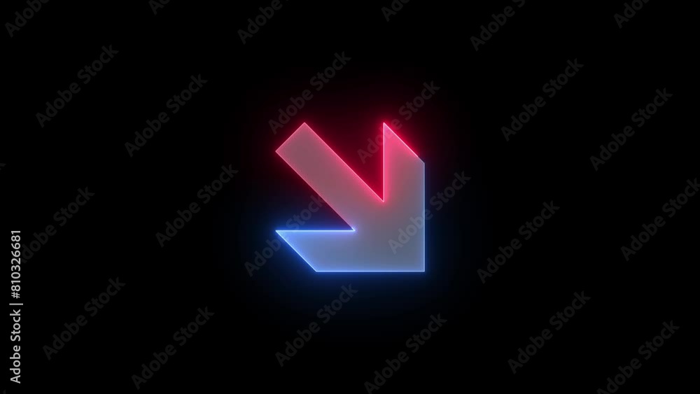 Neon down right direction arrow icon blue red color glowing animated black background Neon down right direction arrow icon blue red color glowing animated black background