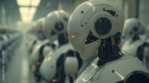 The image shows a group of robots standing in a row. They are all white and have the same design. The robots are looking straight ahead. © VRAYVENUS