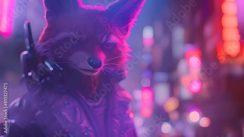 Cyberpunk Fox Warrior in Neon-Lit Urban Landscape with Ai generated.
 photo
