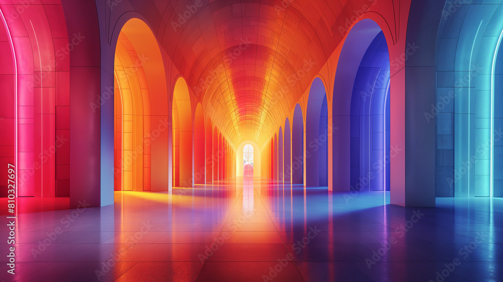 The image is a long, brightly lit hallway. The walls, floor, and ceiling are all a gradient of orange, yellow, and blue. There is a bright light at the end of the hall. The image is a long, brightly lit hallway. The walls, floor, and ceiling are all a gradient of orange, yellow, and blue. There is a bright light at the end of the hall.