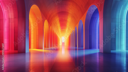 The image is a long, brightly lit hallway. The walls, floor, and ceiling are all a gradient of orange, yellow, and blue. There is a bright light at the end of the hall.